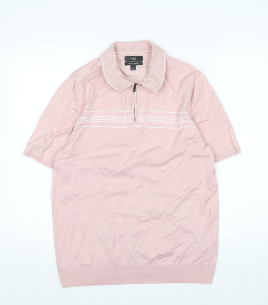 Marks and Spencer Men's Pink Cotton Blend 1/4 Zip Polo M