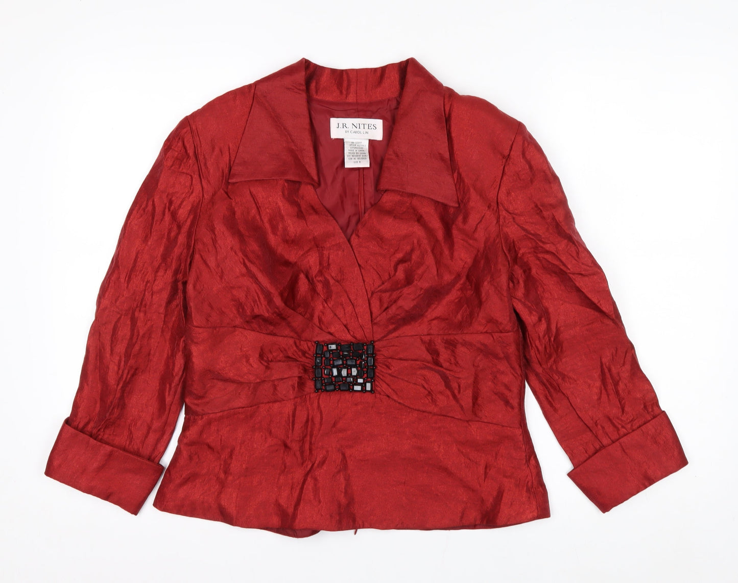 J.R. Nites Womens Red Wrap Blouse Size 12 Beaded Buckle Formal Top