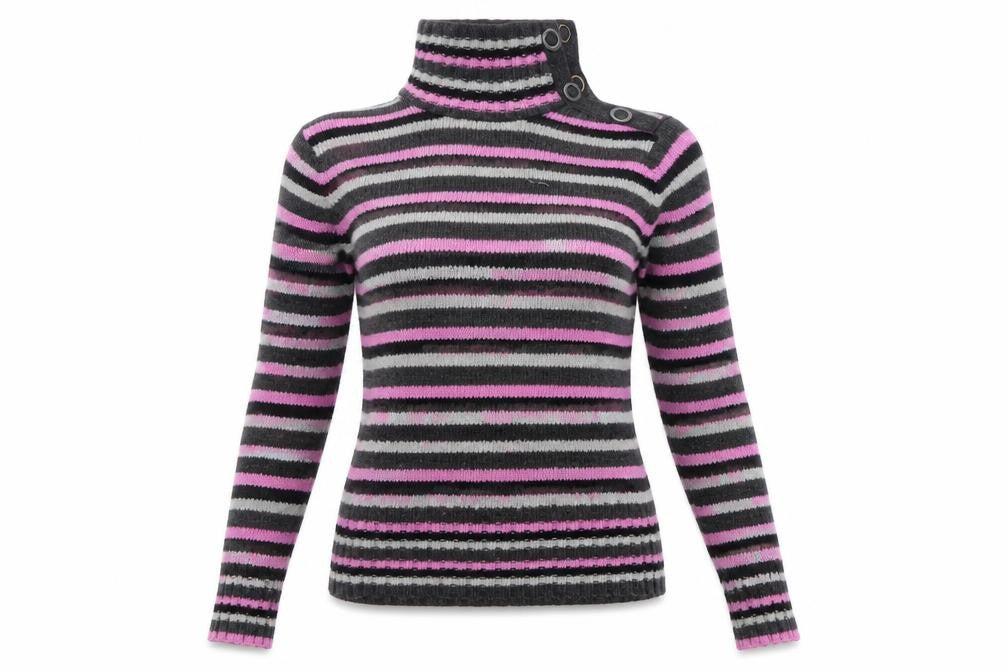 Front view of Mexx Women's Grey Pink Striped Roll Neck Wool Blend Jumper, size S