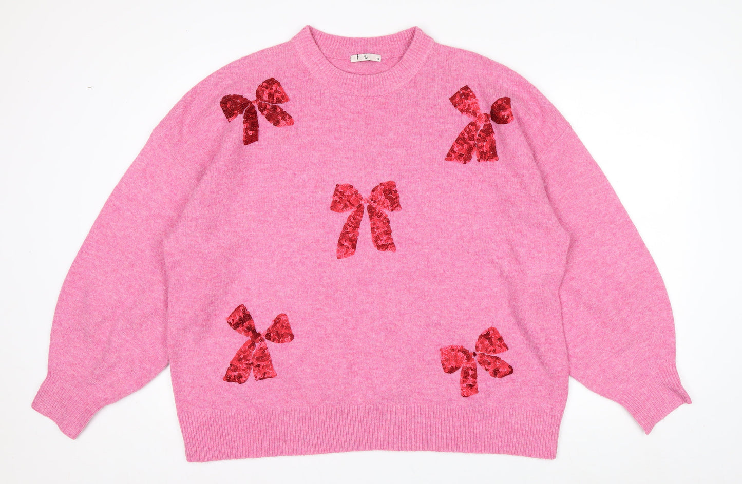 Tu Womens Pink Sequin Bow Knit Jumper Size 18 Crew Neck Pullover