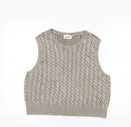 Weekday Women’s Beige Cable Knit Cropped Cotton Sleeveless Tank Top M