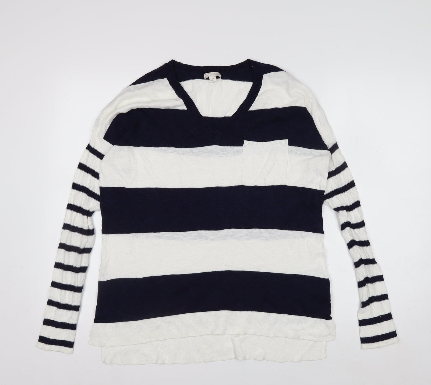 Gap Women’s Blue & White Striped V-Neck Cotton Jumper Size S