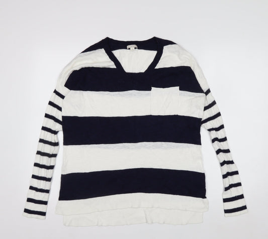 Gap Women’s Blue & White Striped V-Neck Cotton Jumper Size S
