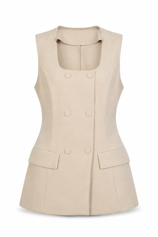 Vila Women Beige Sleeveless Double-Breasted Waistcoat Size 12