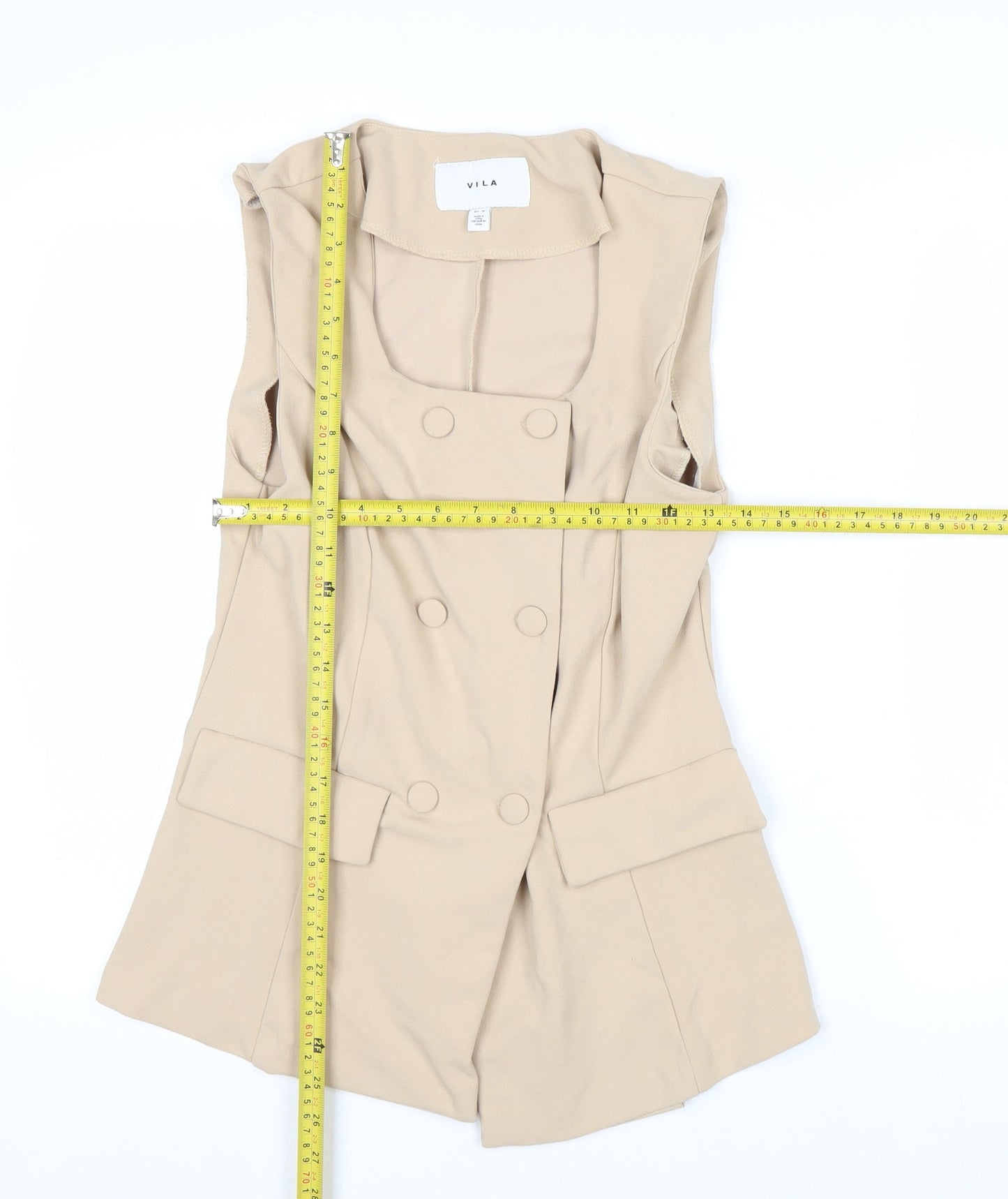 Vila Women Beige Sleeveless Double-Breasted Waistcoat Size 12