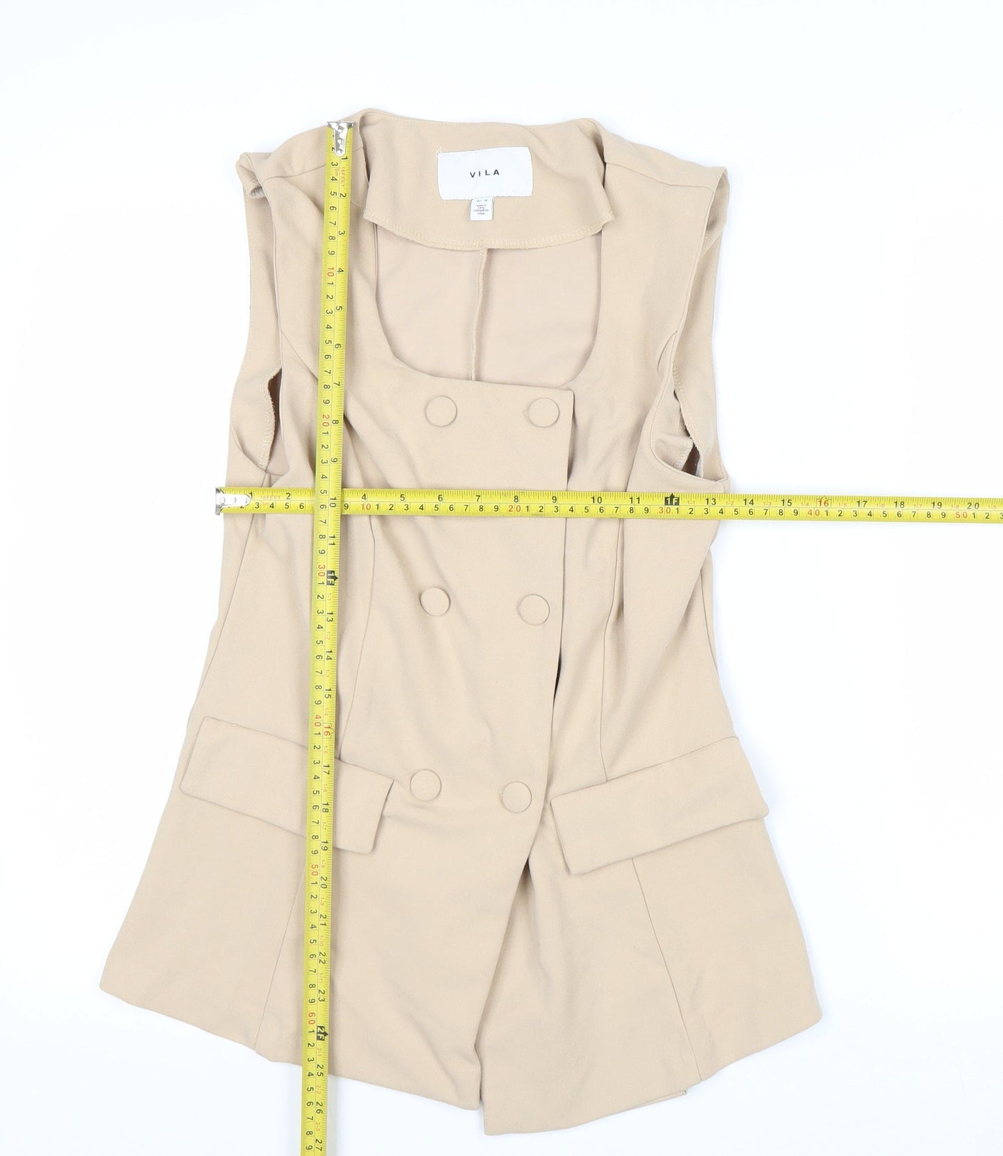 Vila Women Beige Sleeveless Double-Breasted Waistcoat Size 12