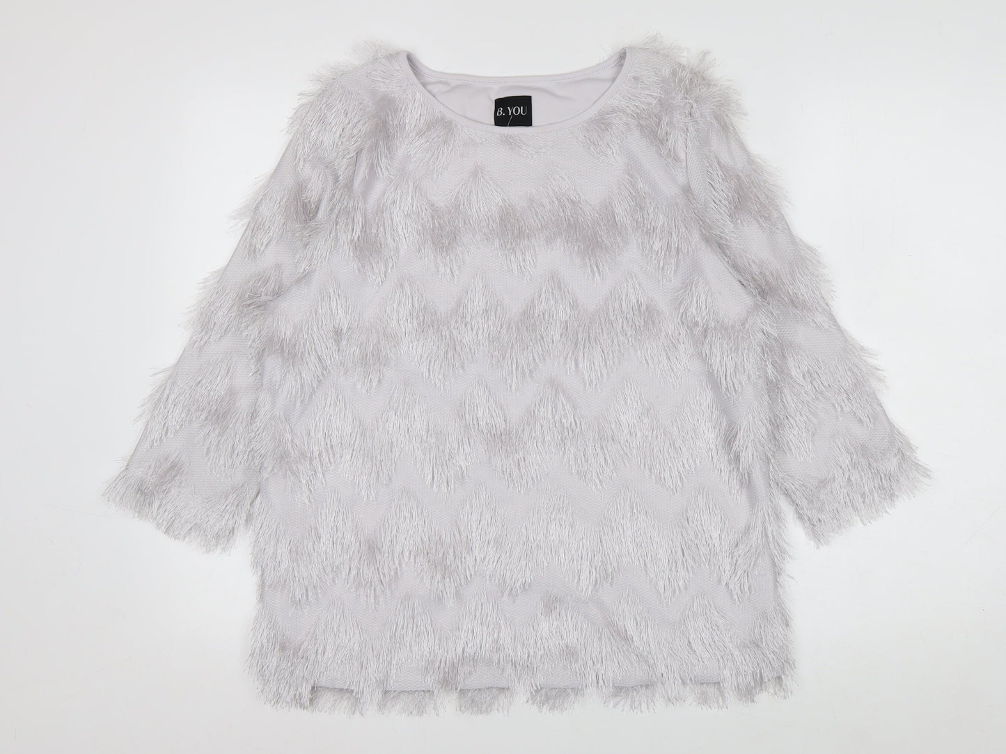B.YOU Women’s Grey Faux Fur Trim 3/4 Sleeve Blouse Size 12