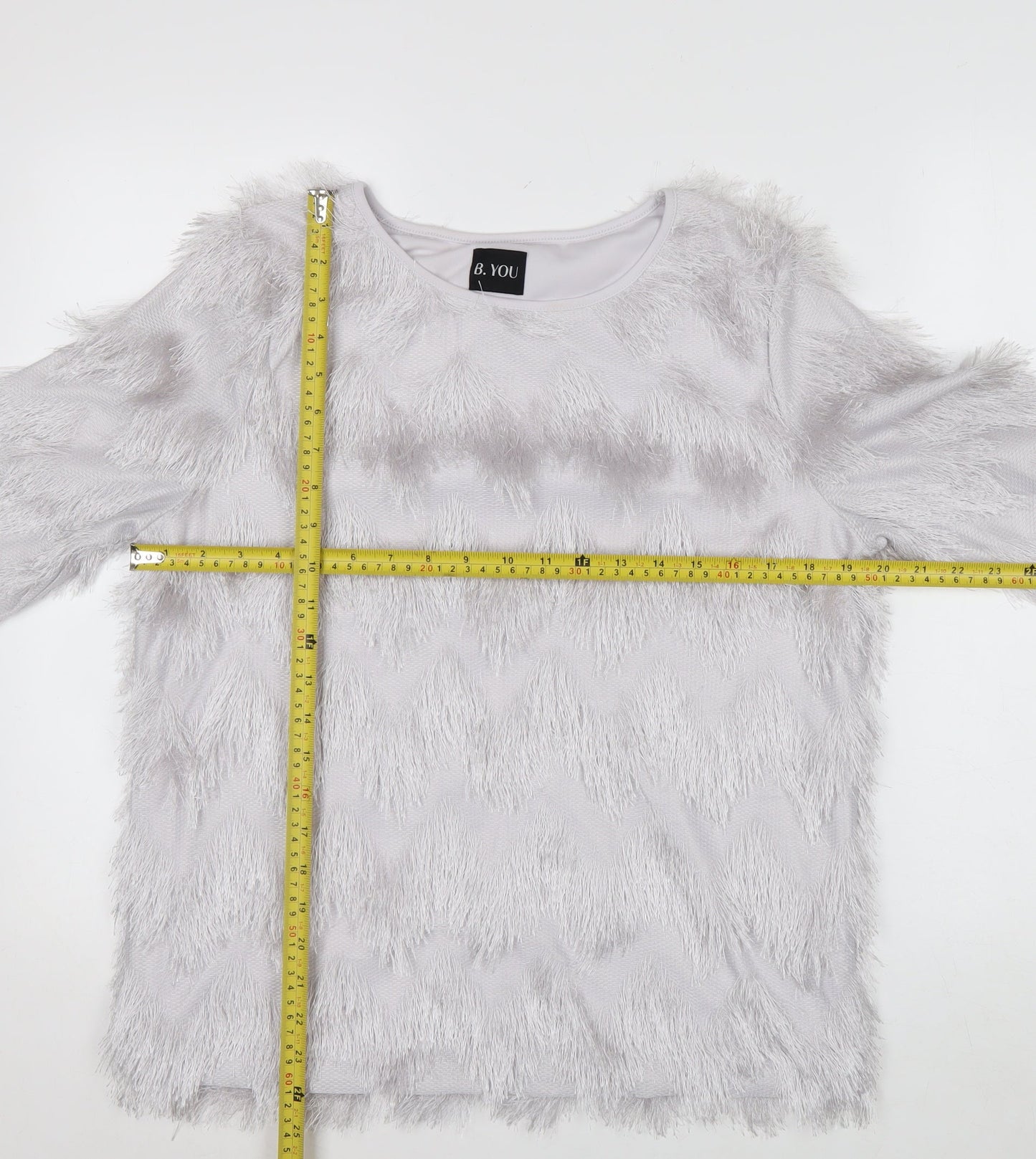 B.YOU Women’s Grey Faux Fur Trim 3/4 Sleeve Blouse Size 12
