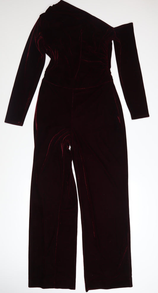Reiss Womens Burgundy Velvet One Shoulder Jumpsuit UK 10