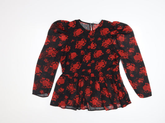 Zara Women Black Red Floral Tunic Blouse Size S Puff Sleeve