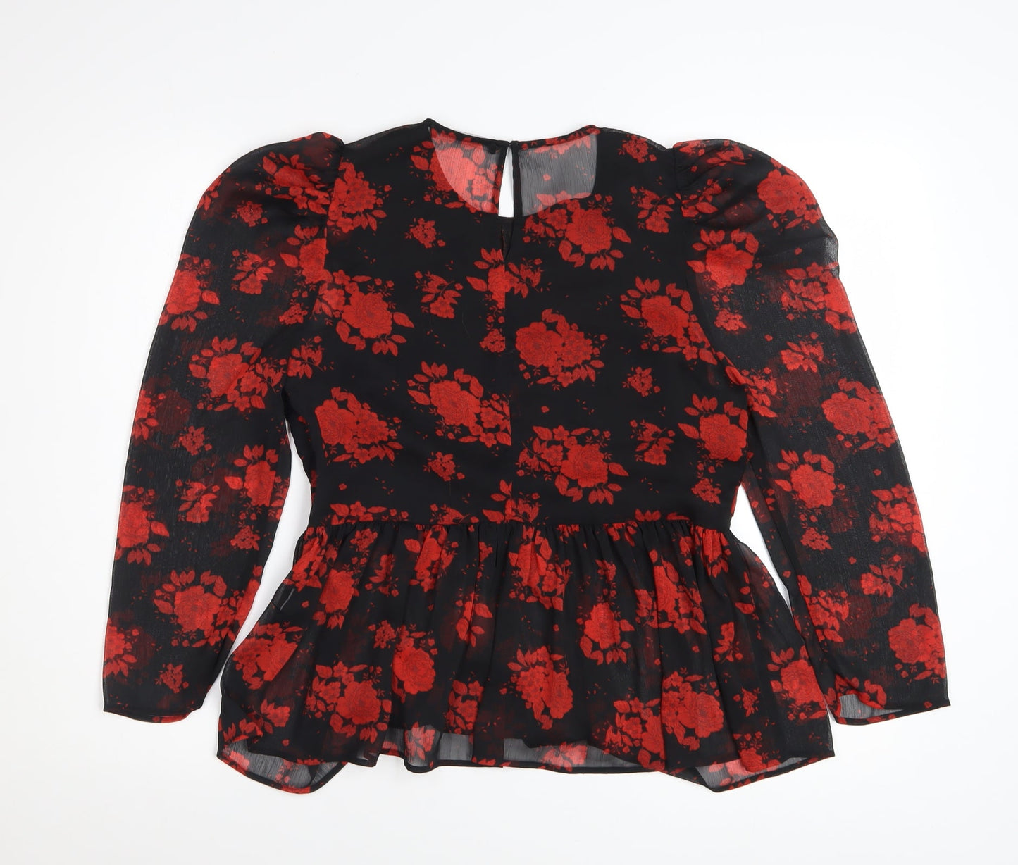Zara Women Black Red Floral Tunic Blouse Size S Puff Sleeve