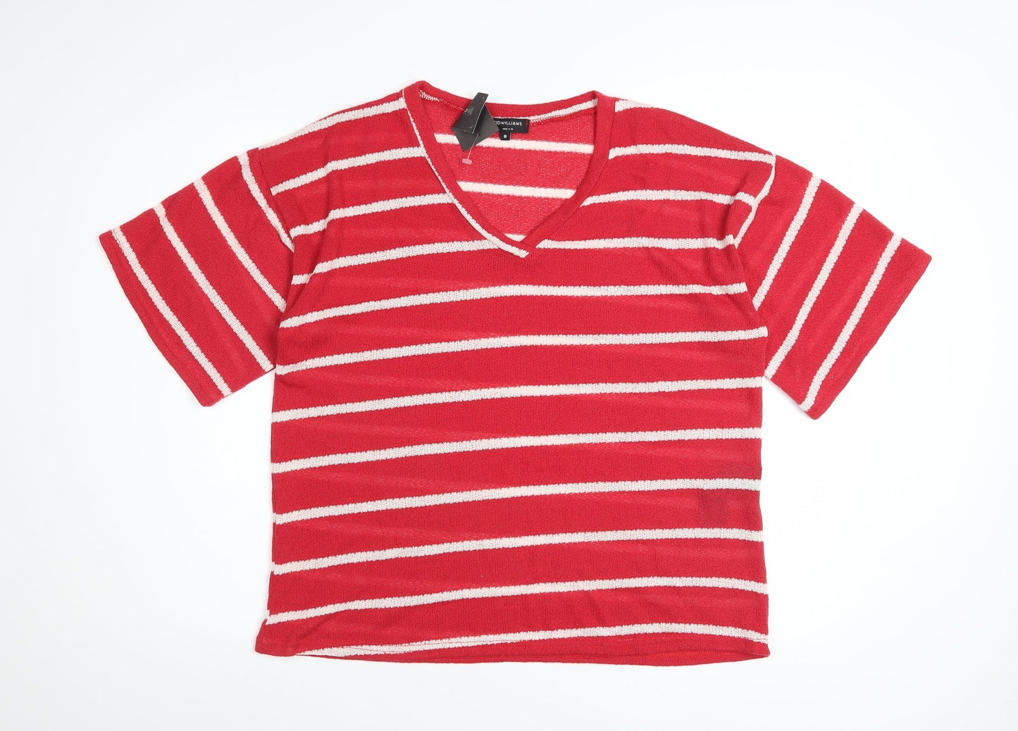 JD Williams Women's Red Striped V-Neck Short Sleeve T-Shirt Size 8