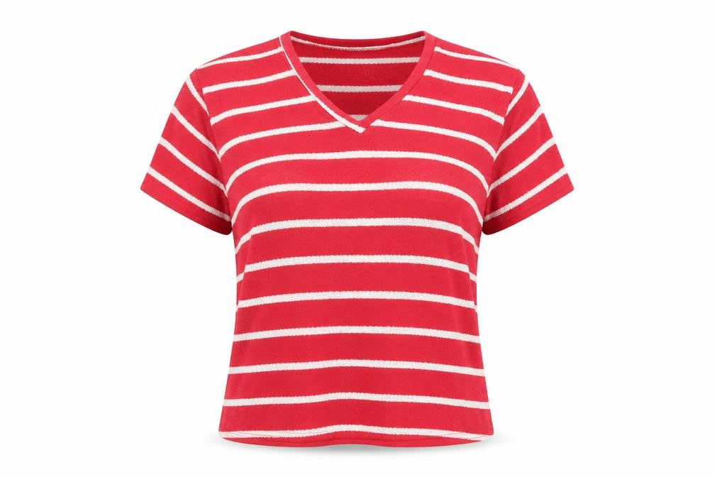 JD Williams Women's Red Striped V-Neck Short Sleeve T-Shirt Size 8