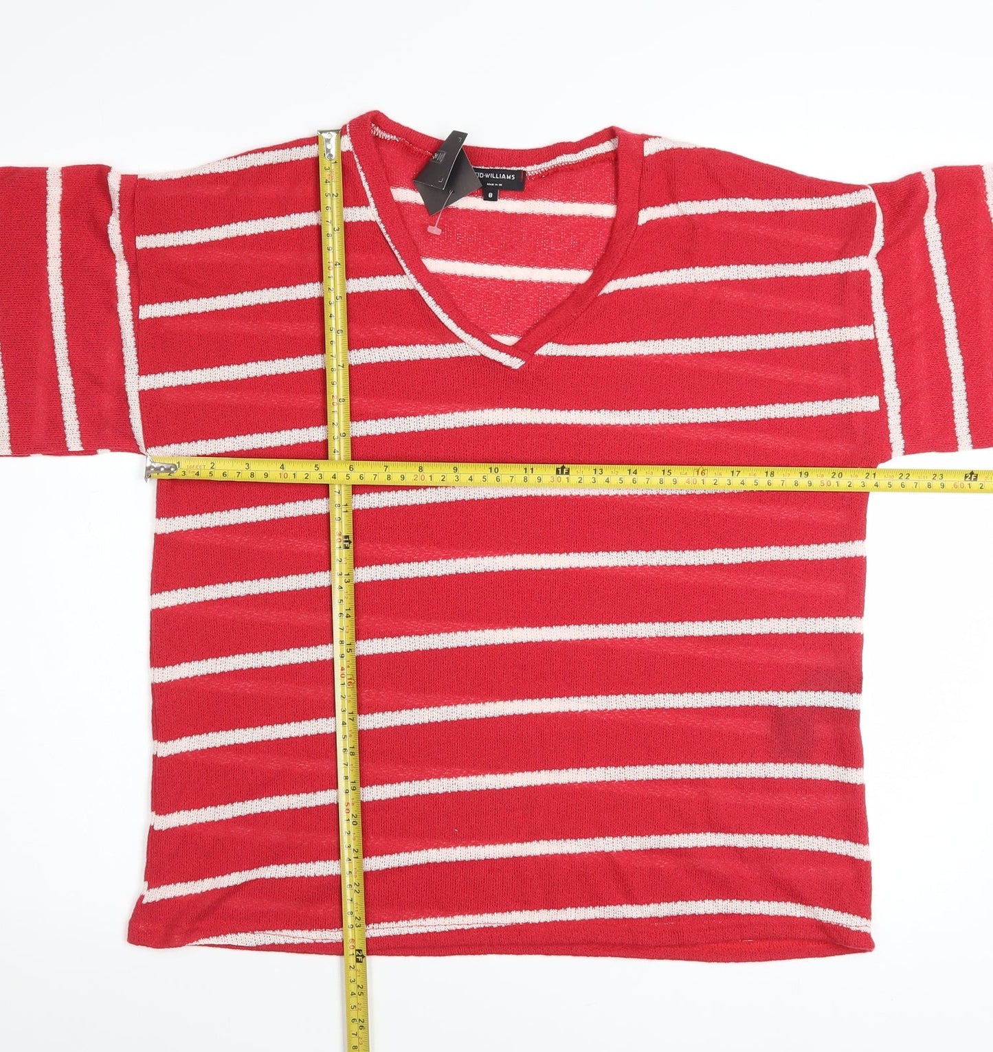 JD Williams Women's Red Striped V-Neck Short Sleeve T-Shirt Size 8