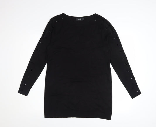 Wallis Women’s Black Size 14 Shift Dress Beaded Long Sleeve Knit
