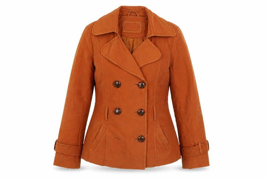 Front view of Principles Women’s Brown Cotton Pea Coat, size UK 12, Short Twill Jacket