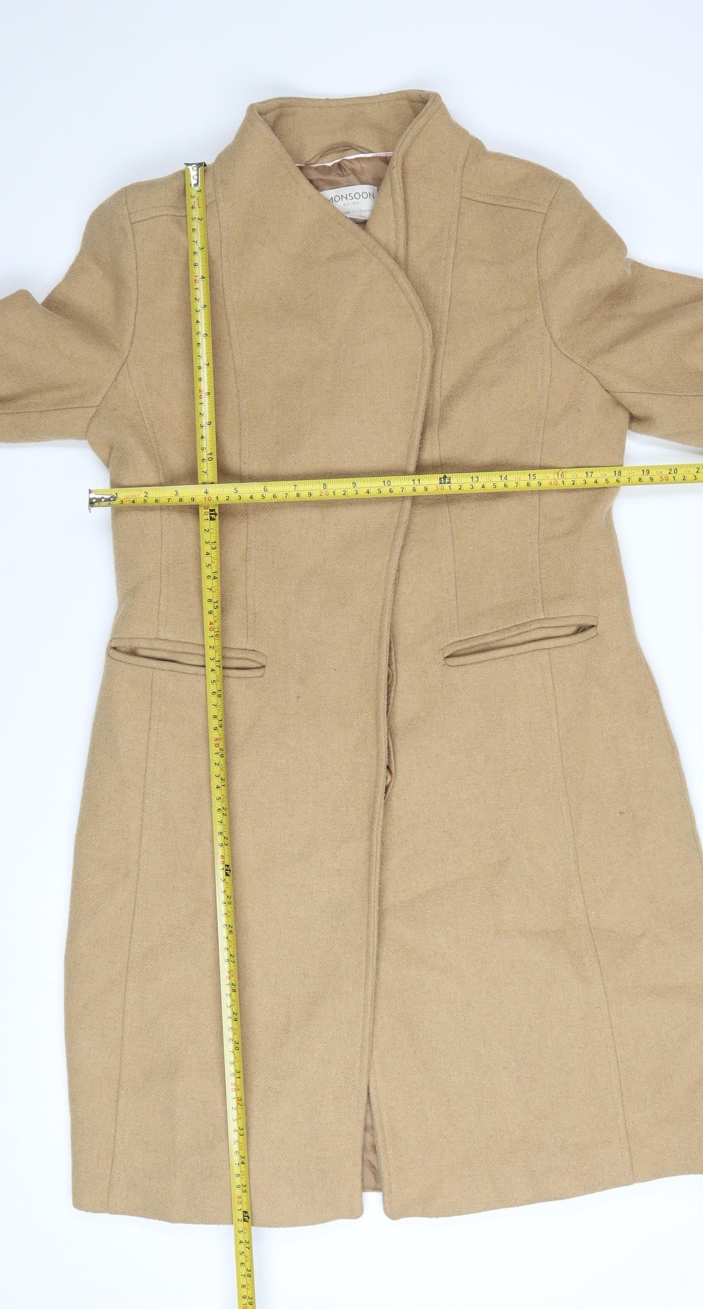 Monsoon Women’s Beige Wool Blend Long Overcoat Size 12