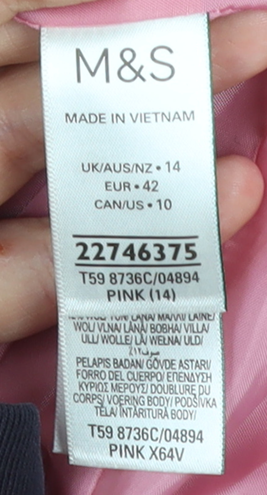 Marks and Spencer Women Pink Wool Blend Mid-Length Coat Size 14