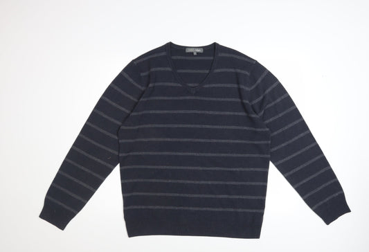 Marks and Spencer Men Blue Striped V-Neck Pullover Jumper Size L