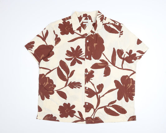 Marks and Spencer Men's Beige Floral Cotton Short Sleeve Button-Up Shirt 2XL