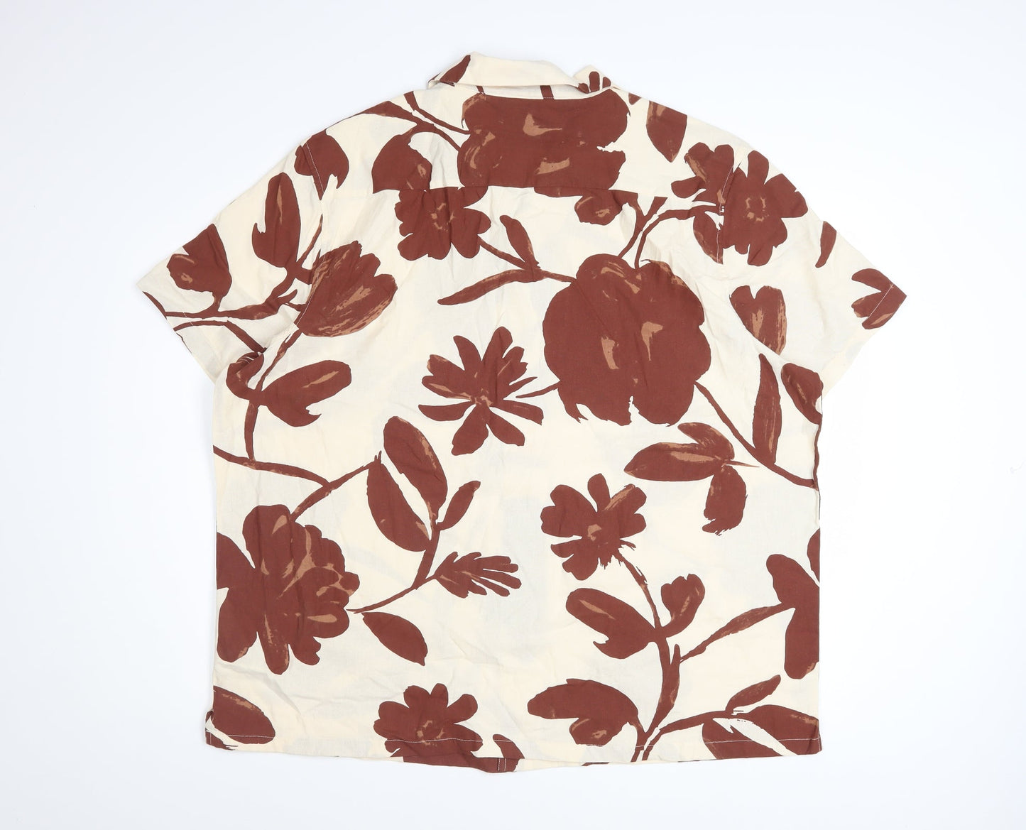 Marks and Spencer Men's Beige Floral Cotton Short Sleeve Button-Up Shirt 2XL