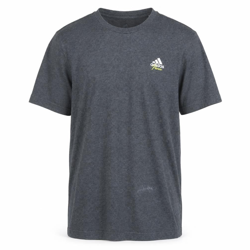 Front view of Adidas Men's Grey AEROREADY Graphic Print Cotton T-Shirt, size M