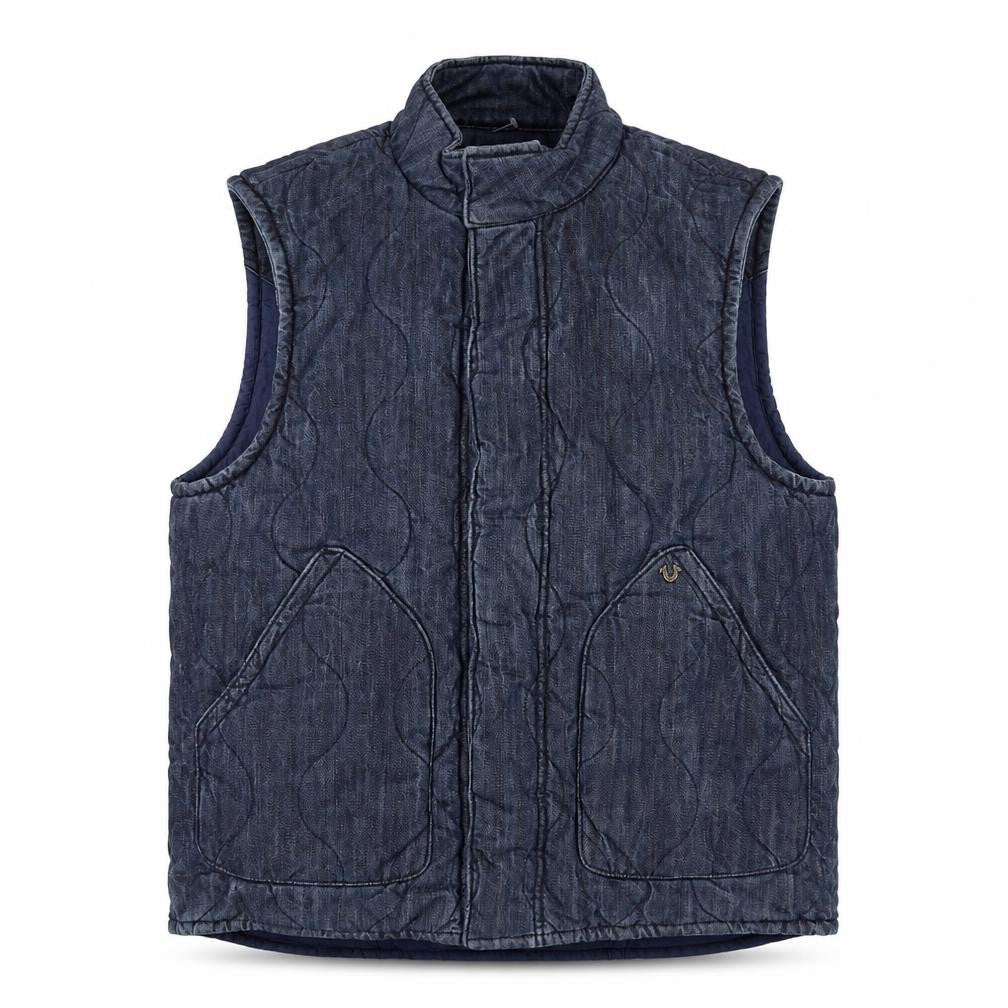 Front view of True Religion Reversible Men's Blue Quilted Denim Waistcoat, size XL, Casual
