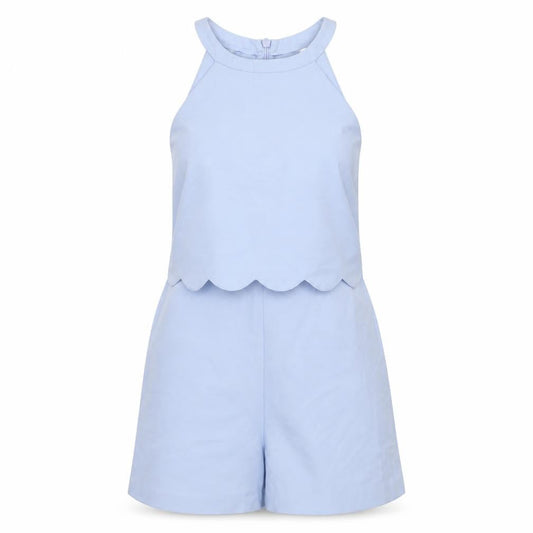 Front view of Miss Selfridge Petites Blue Scallop Hem Halter Neck Playsuit UK 8