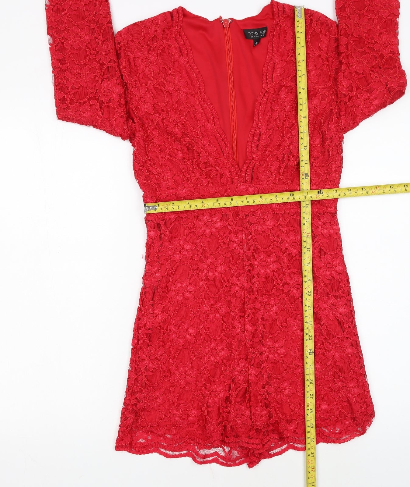 Topshop Women Red Lace Long Sleeve Playsuit UK 10 Partywear