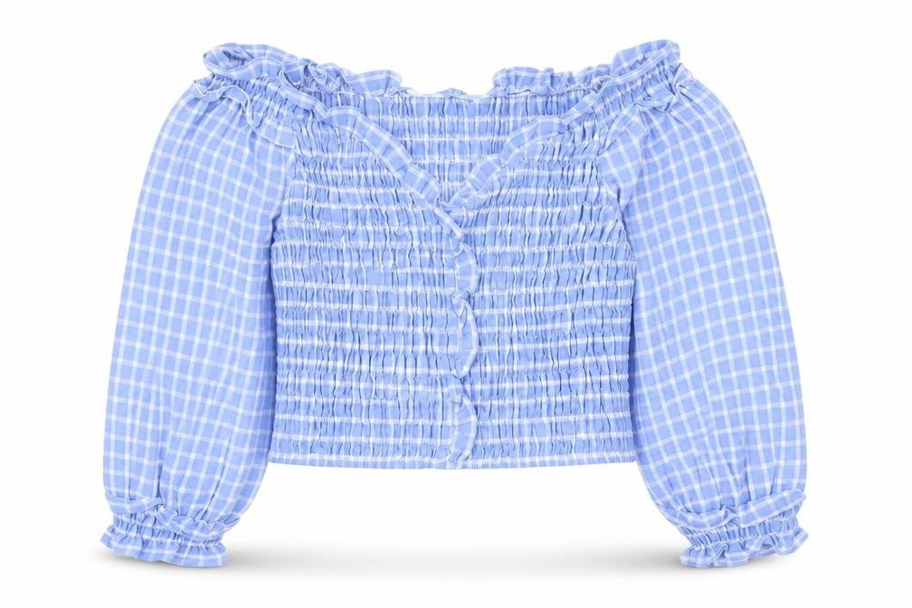 Zara Women Blue Check Cropped Off Shoulder Blouse Size L