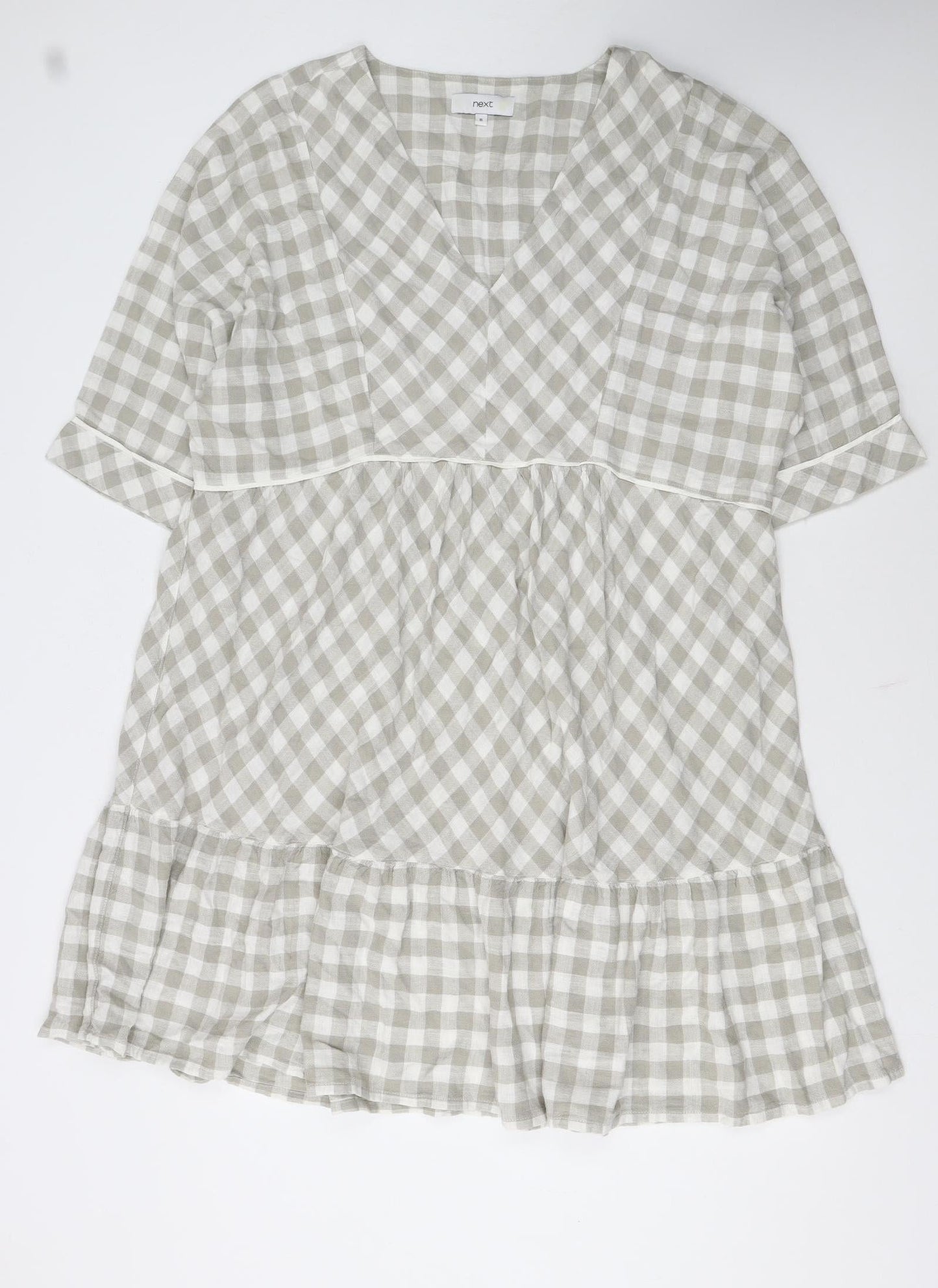 Next Women Beige Check Smock Dress Size 16 V-Neck Casual Linen Blend
