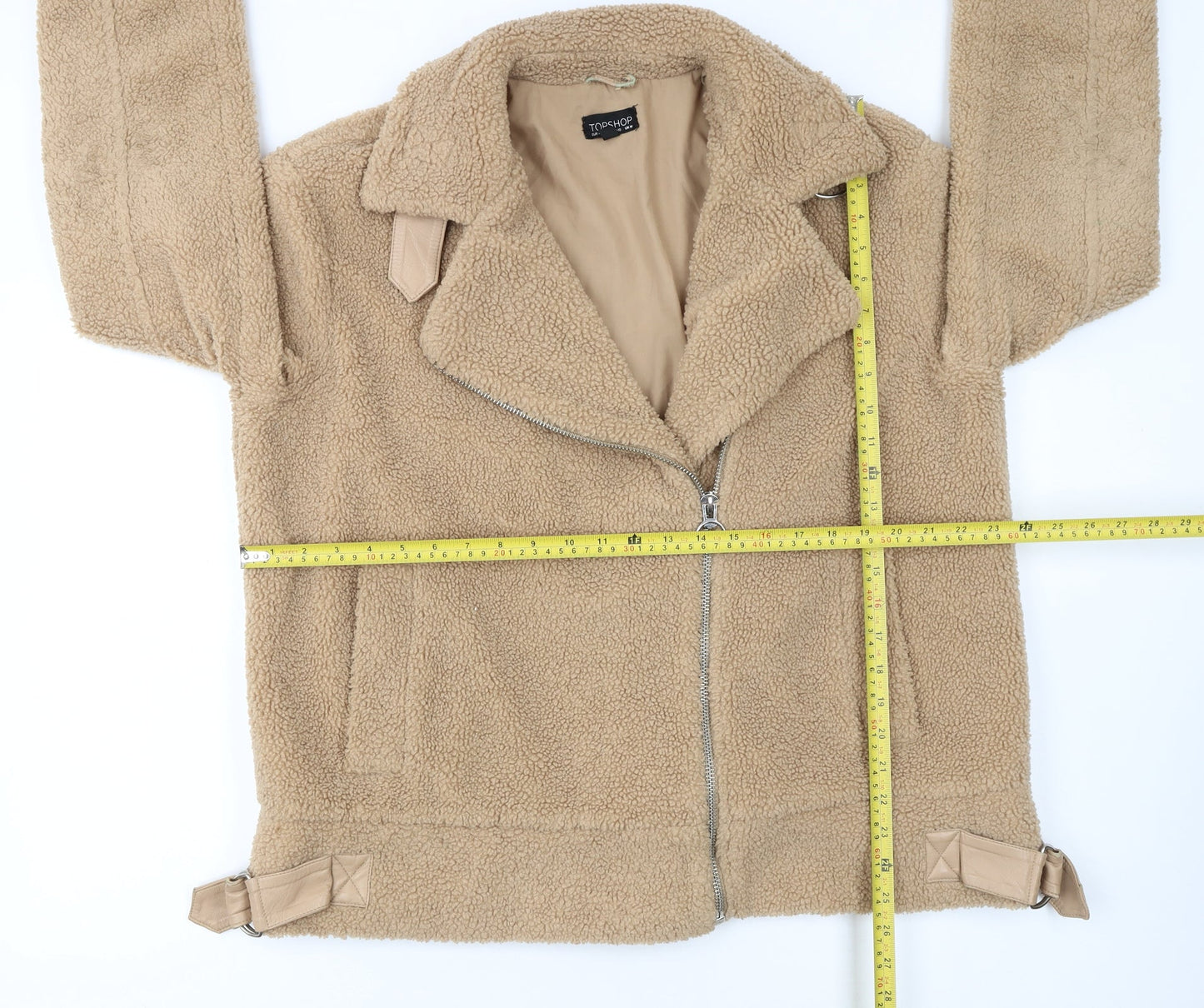Topshop Women’s Beige Fleece Biker Jacket Size M Zip Lined Autumn Winter