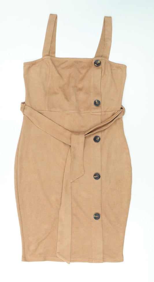 AX Paris Women Beige Size 10 Sleeveless Belted Suede Pinafore Dress