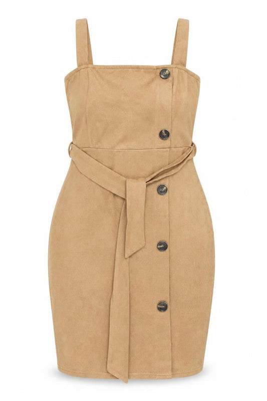 AX Paris Women Beige Size 10 Sleeveless Belted Suede Pinafore Dress