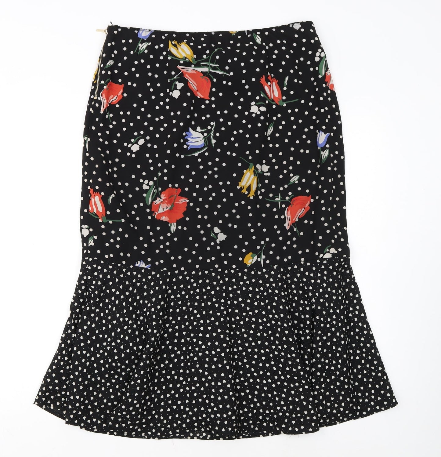 Oasis Womens Black Floral Polka Dot Midi Flare Skirt Size 14