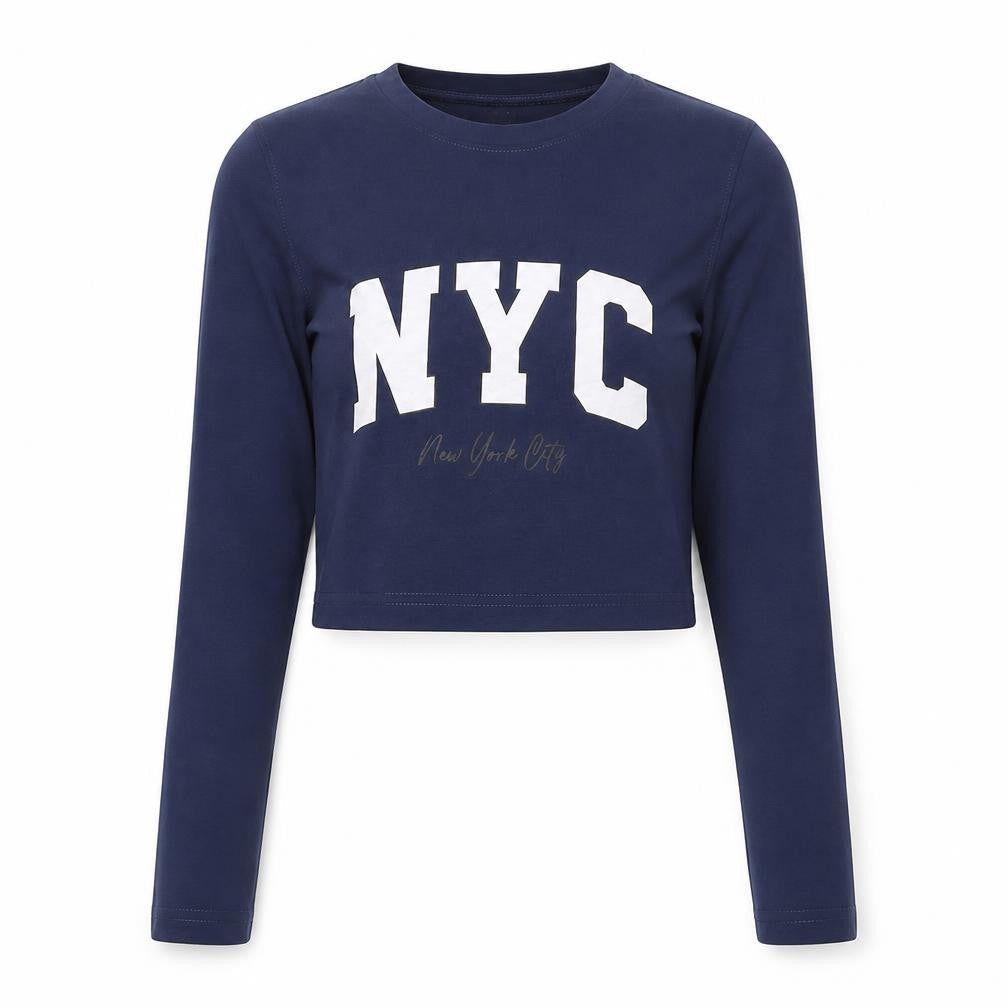 PRETTYLITTLETHING Women Blue Cropped Long Sleeve NYC T-Shirt Size 8