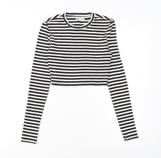 Zara Women Black Striped Cropped Long Sleeve T-Shirt Size S
