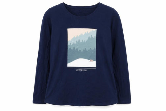 Reitmans Women’s Blue Long Sleeve Cotton Winter Print T-Shirt Size S
