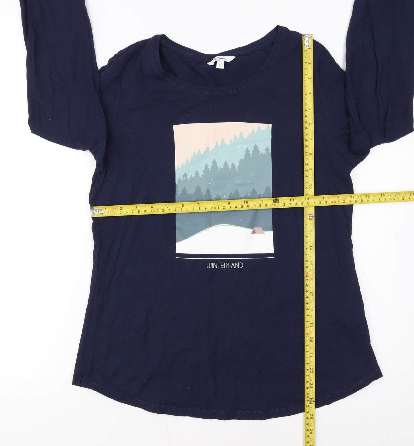 Reitmans Women’s Blue Long Sleeve Cotton Winter Print T-Shirt Size S