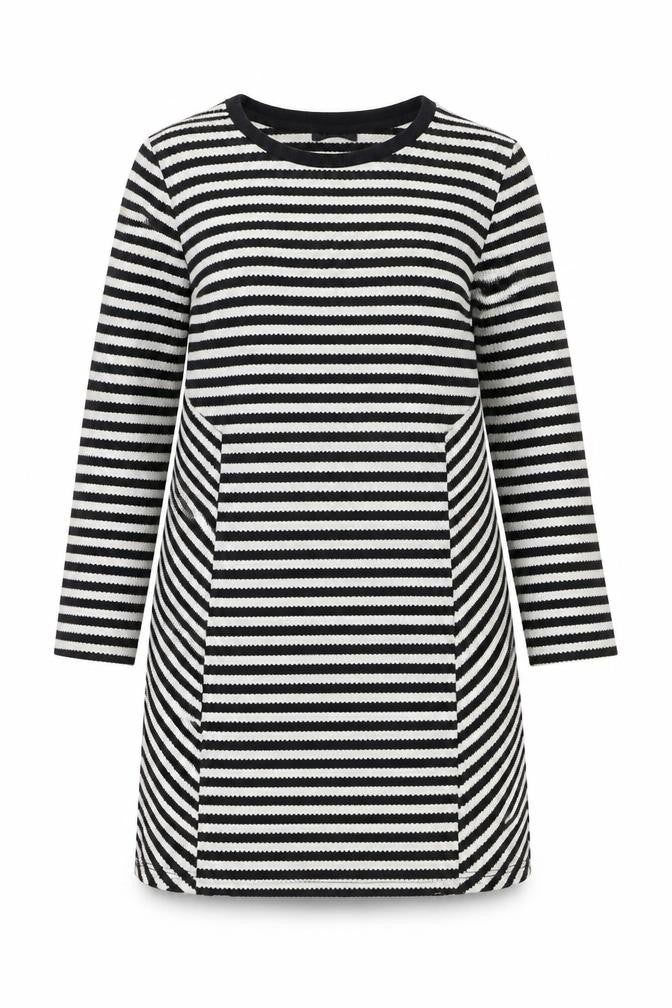 Topshop Women’s Black White Stripe Shift Dress Size 10 Knit Long Sleeve