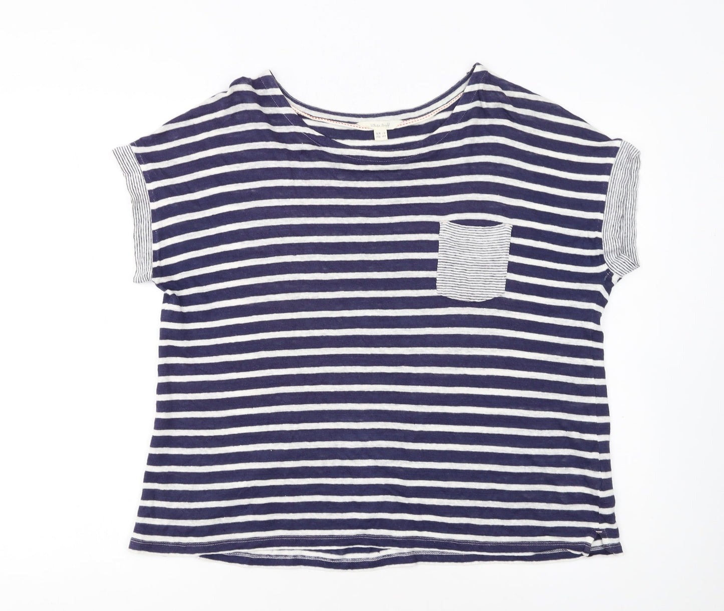 White Stuff Women's Blue Striped Linen T-Shirt UK 16 Short Sleeve