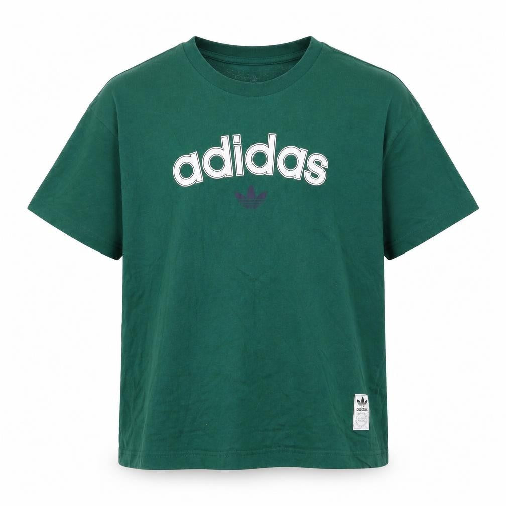 Front view of Adidas Men's Green Crew Neck Logo Cotton T-Shirt, size M