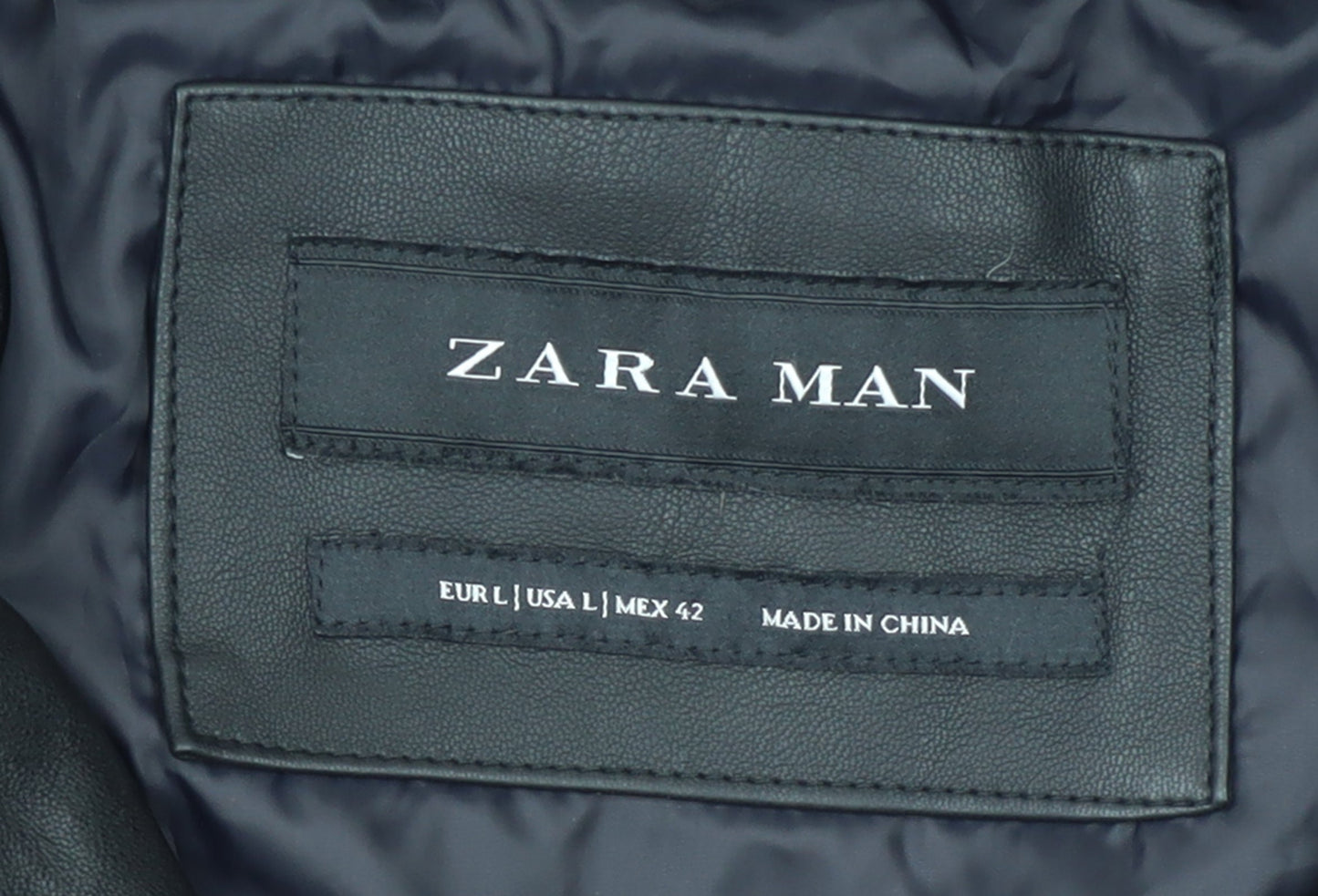 Zara Man Black Faux Leather Hooded Puffer Jacket Men L 42in