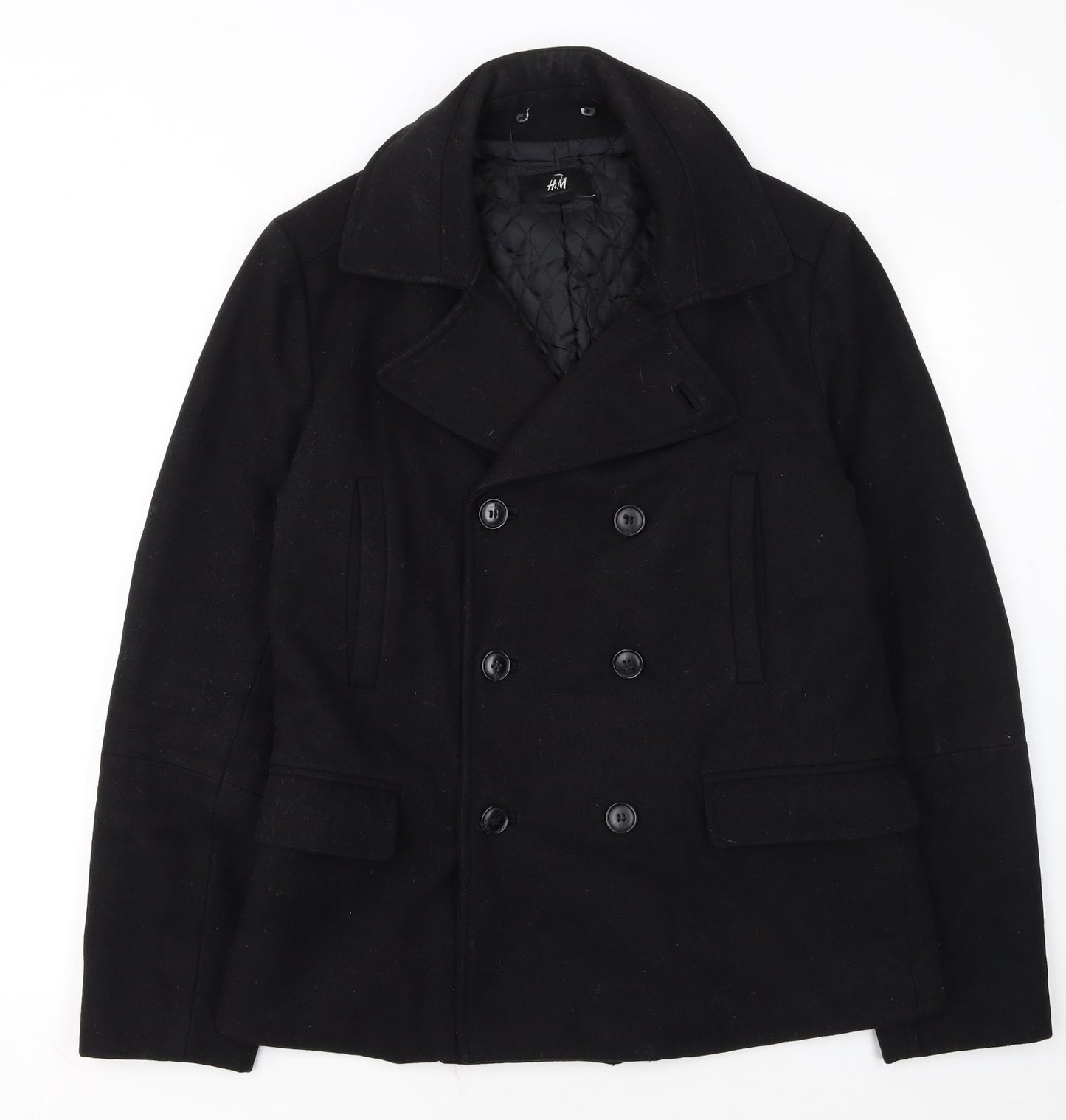 H&M Men's Black Wool Blend Pea Coat Jacket 38R Regular Fit