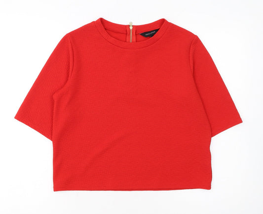 New Look Women Red Short Sleeve Cropped Zip Back Stretch Top Size 10