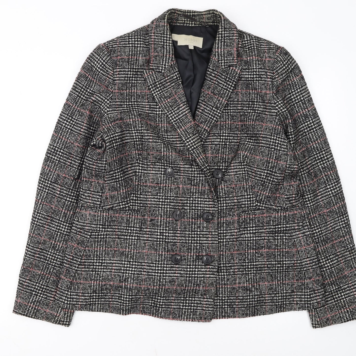 Hobbs Women Black Check Double-Breasted Wool Blazer UK 16