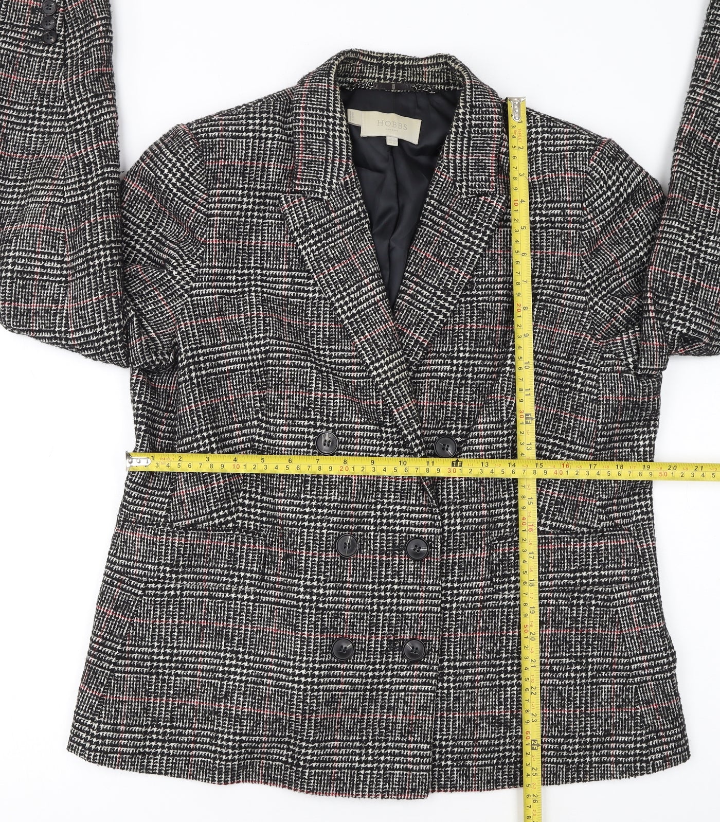 Hobbs Women Black Check Double-Breasted Wool Blazer UK 16