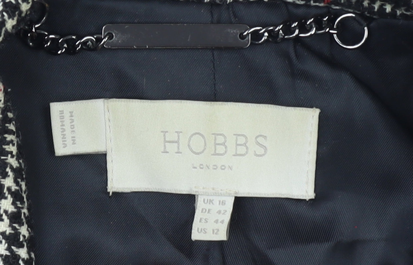Hobbs Women Black Check Double-Breasted Wool Blazer UK 16
