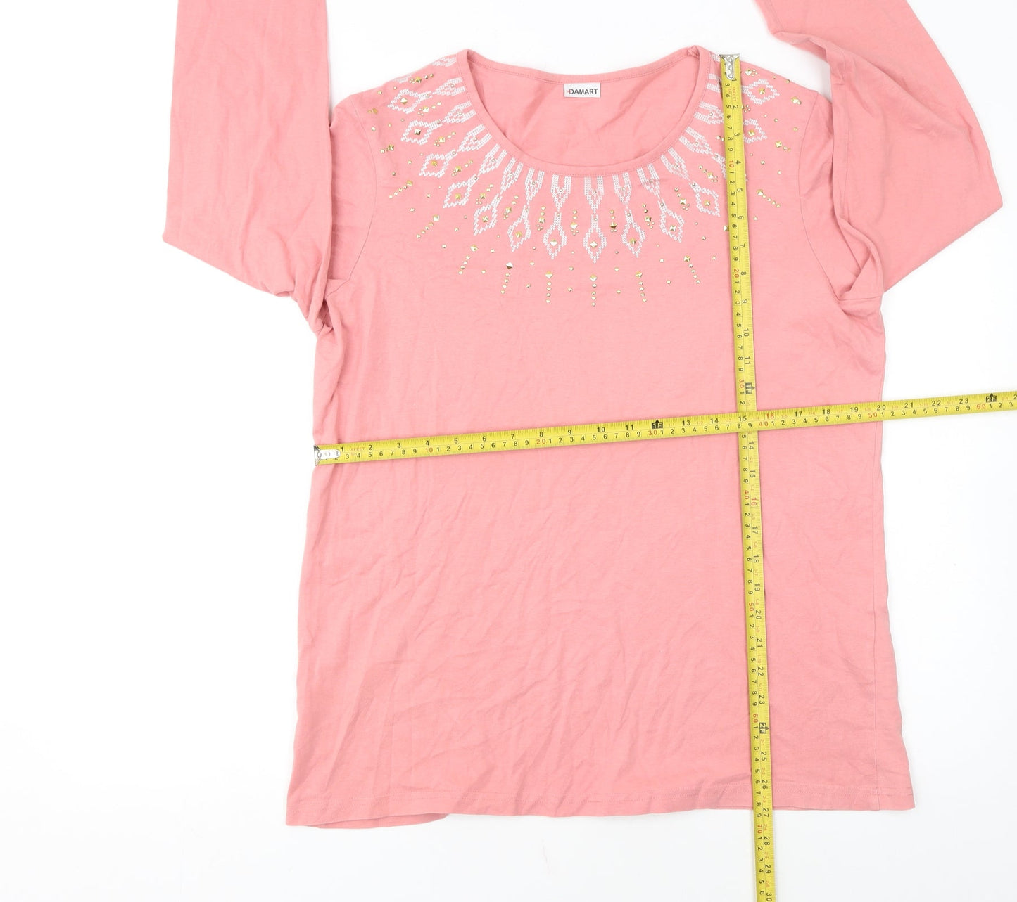 Damart Women Pink Long Sleeve Cotton Jersey Beaded T-Shirt Size 18/20
