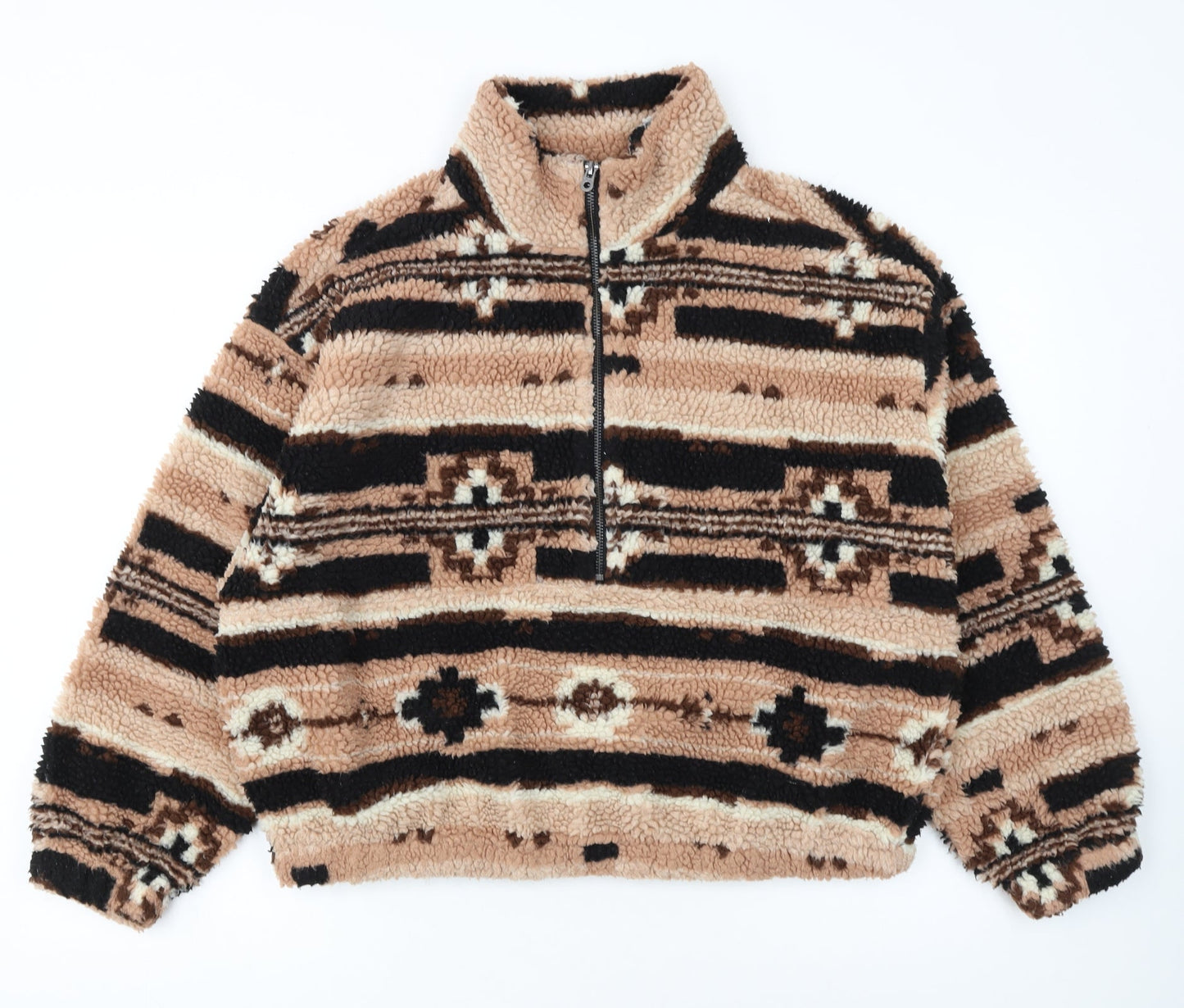 ONLY Women Beige Fleece Pullover Hoodie L Geometric Pattern